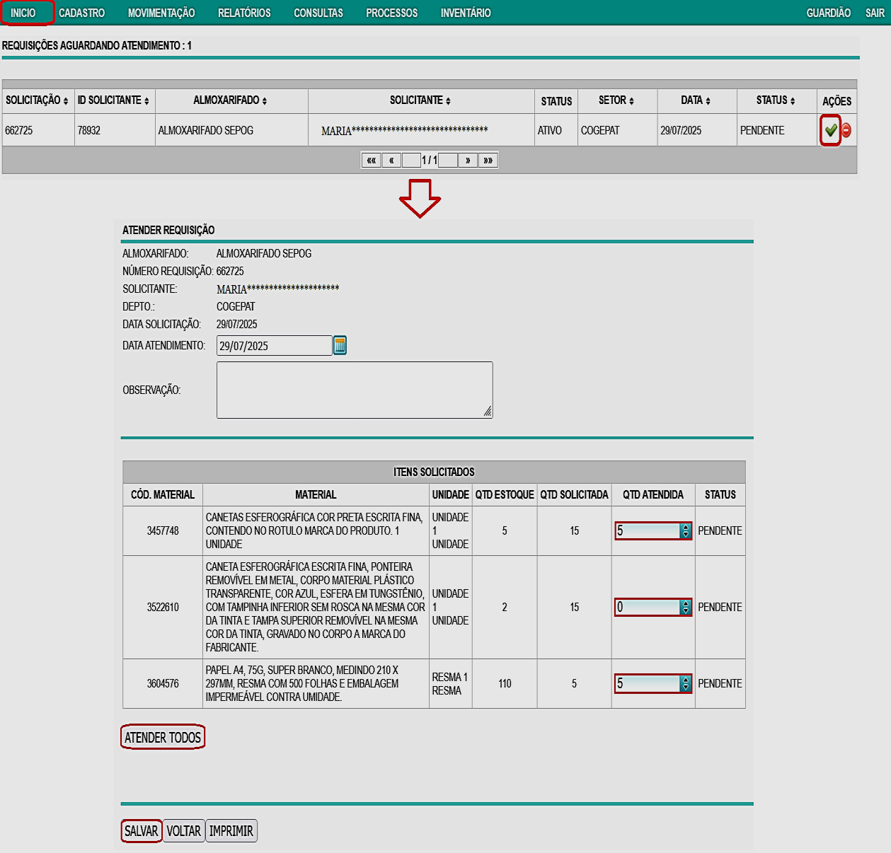 Fig. 1 – Tela de atendimento de requisições