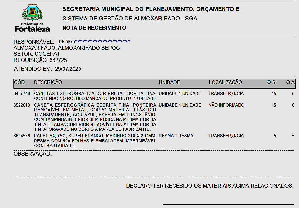 Fig. 02 – Modelo de nota de recebimento