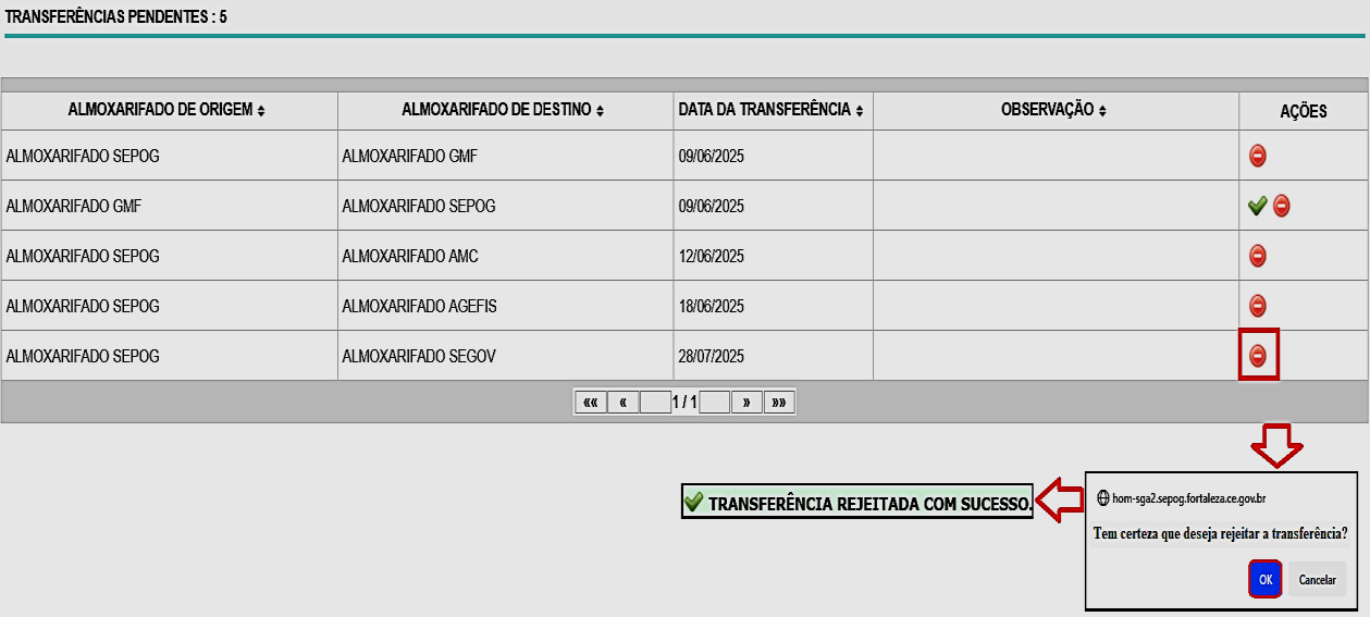 Fig. 6 – Tela de rejeição de transferência