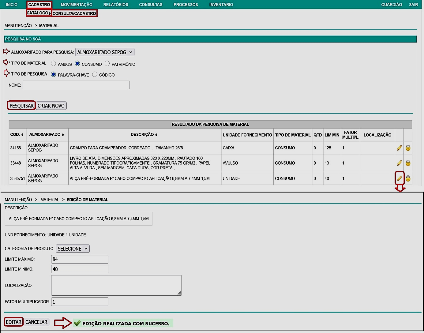Fig. 11 – Tela de consulta/edição de itens