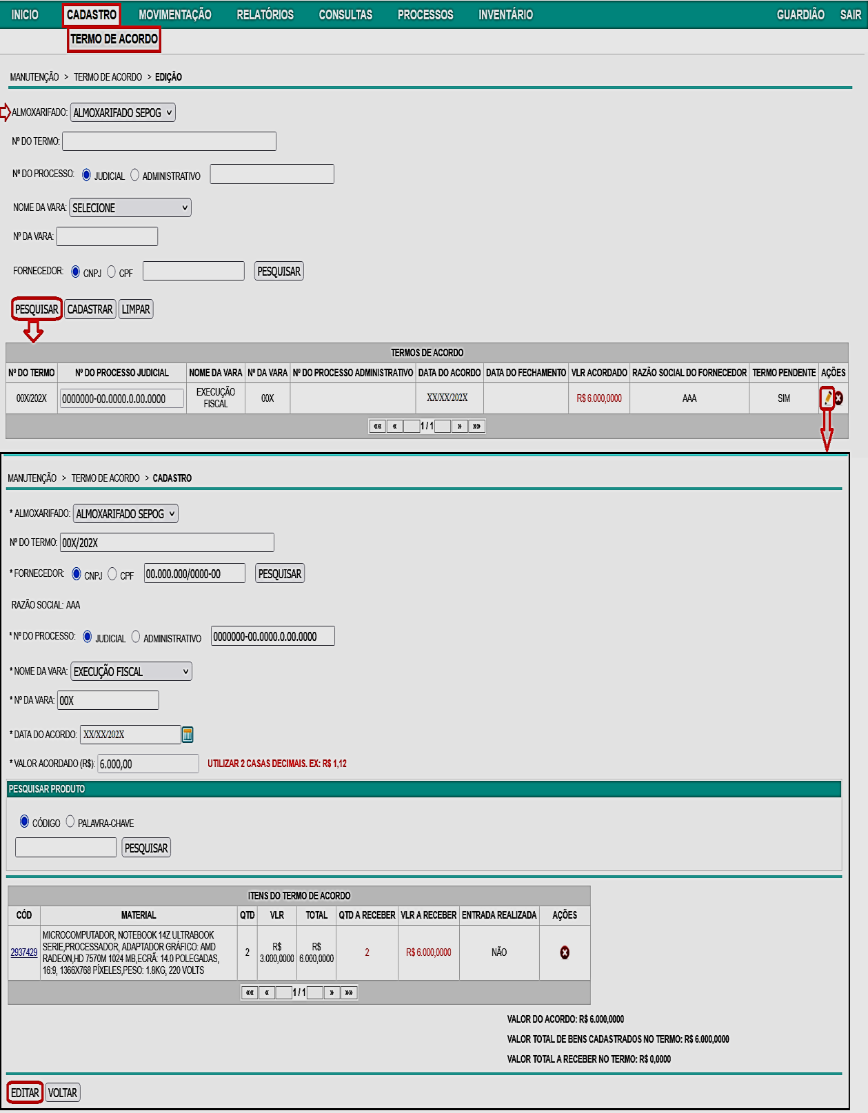 Fig. 15.1 – Tela de consulta/edição de termo de acordo