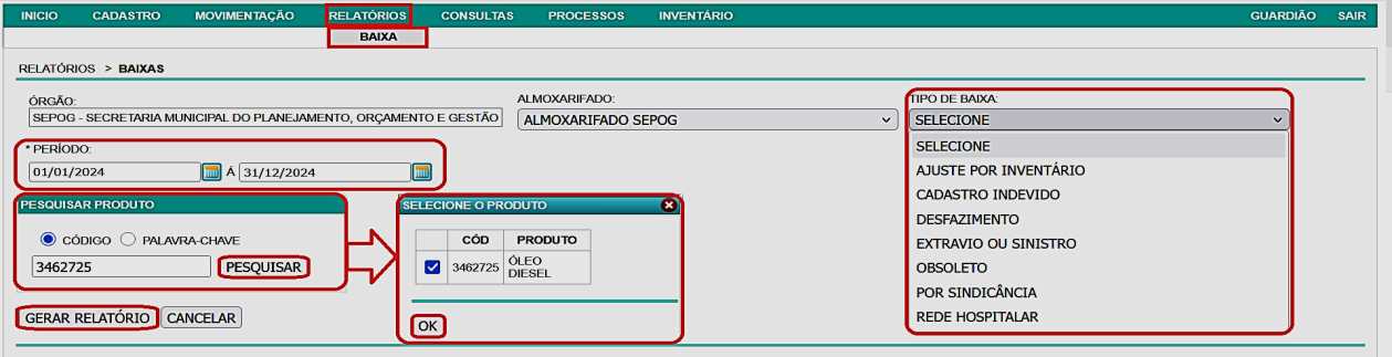 Fig. 30 – Relatório de baixa por item específico