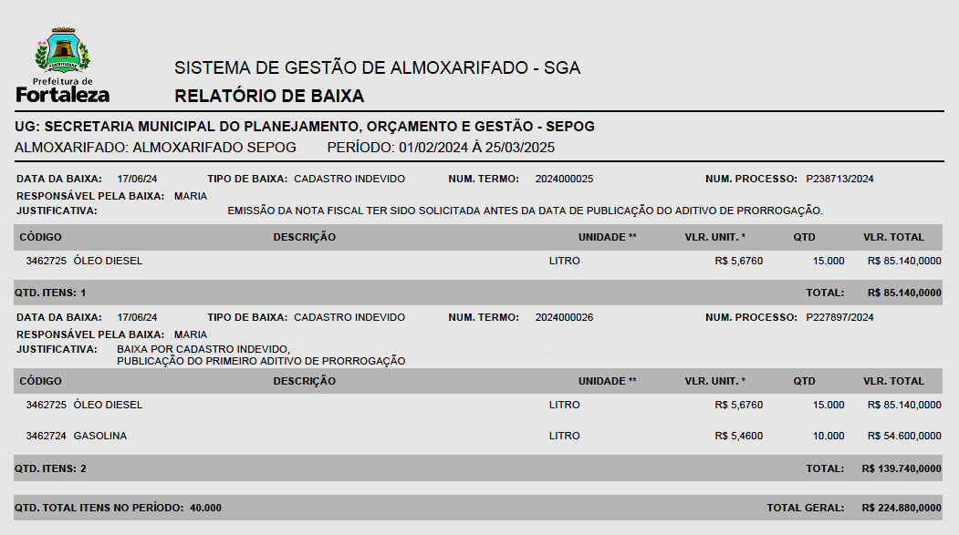 Fig. 31 – Modelo do relatório de baixa