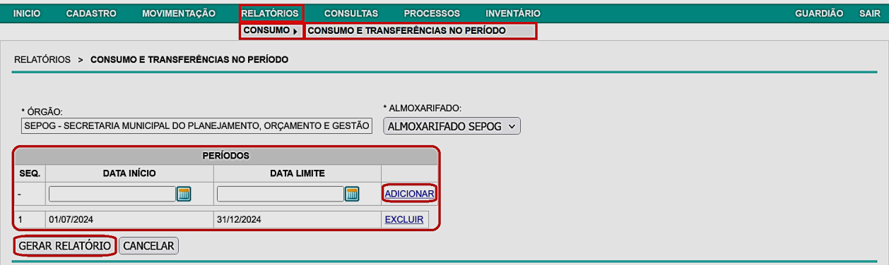 Fig. 33 – Tela do relatório de consumo e transferências no período