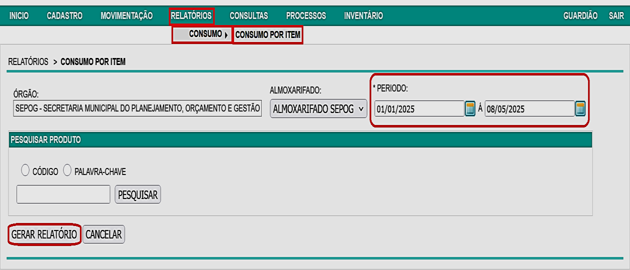 Fig. 34 – Tela do relatórios de consumo por item - geral