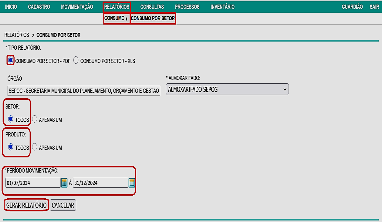 Fig. 39 – Tela do relatório de consumo por setor (geral)