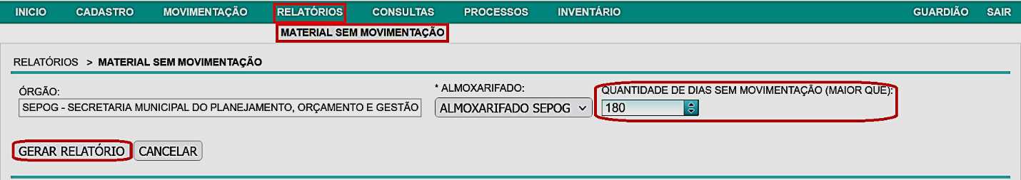 Fig. 46 –Tela do relatório de material sem movimentação