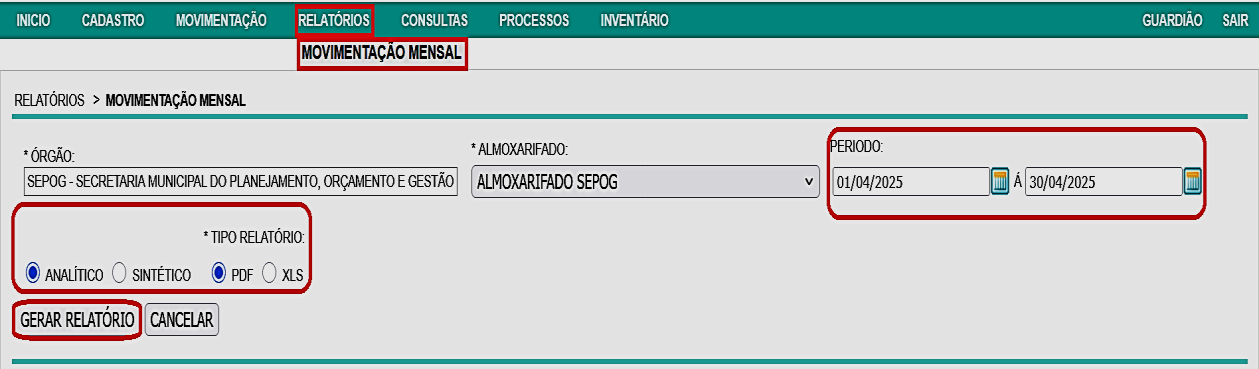 Fig. 48 - Tela do relatório de movimentação mensal