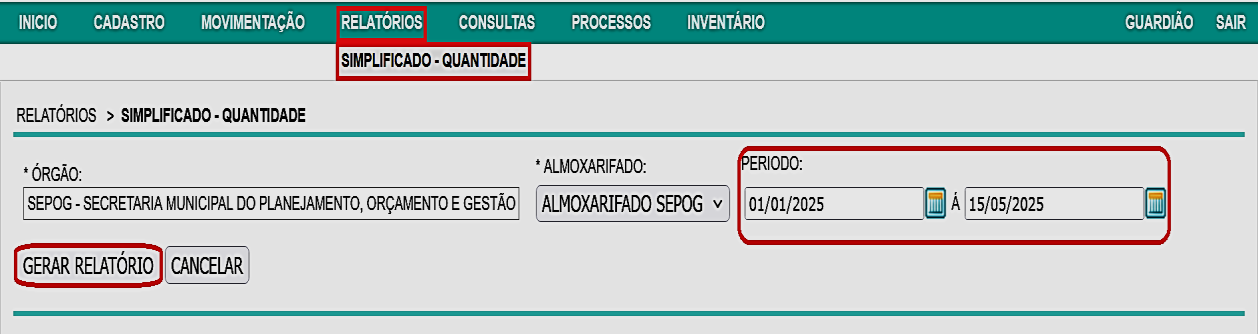 Fig. 49 - Tela do relatórios simplificado - quantidade