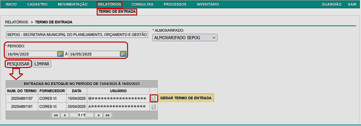Fig. 50 - Tela do termo de entrada