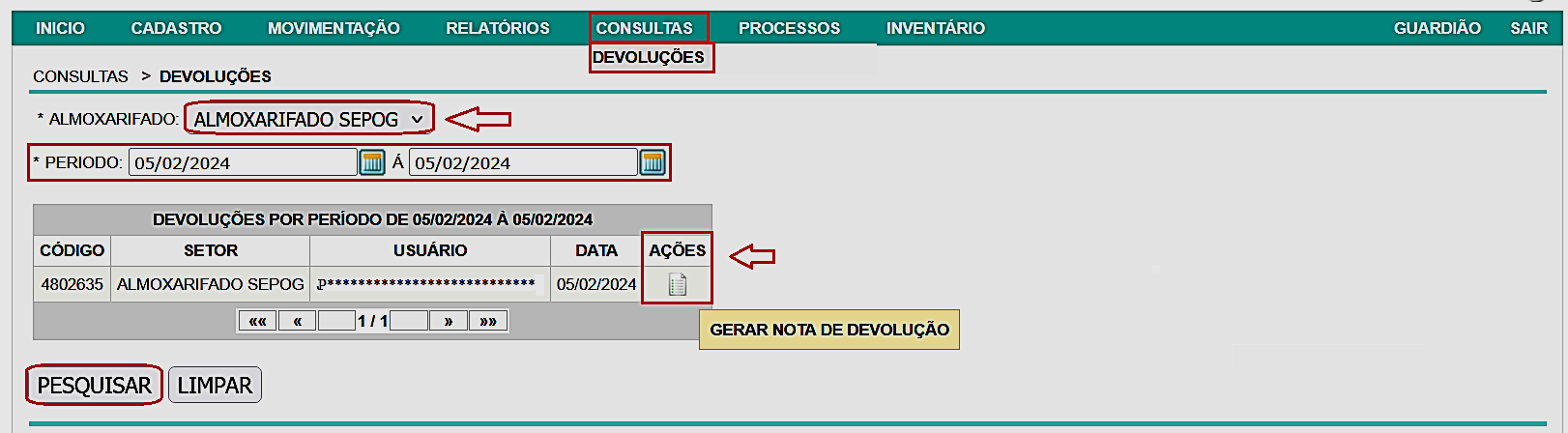 Fig. 54 - Tela de consultas devoluções