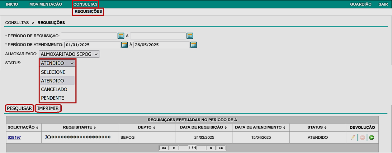 Fig. 62 – Tela de consultas de requisições