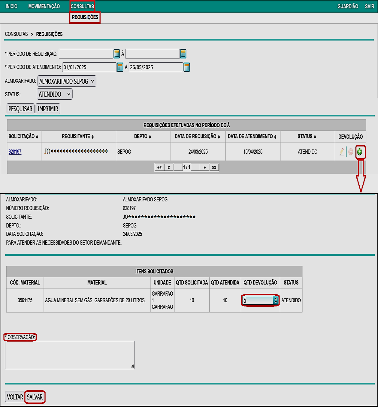 Fig. 63 – Tela de consultas e devolução de item