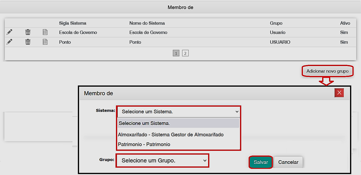 Fig. 3 – Criação de perfil de acesso para sistemas de patrimônio