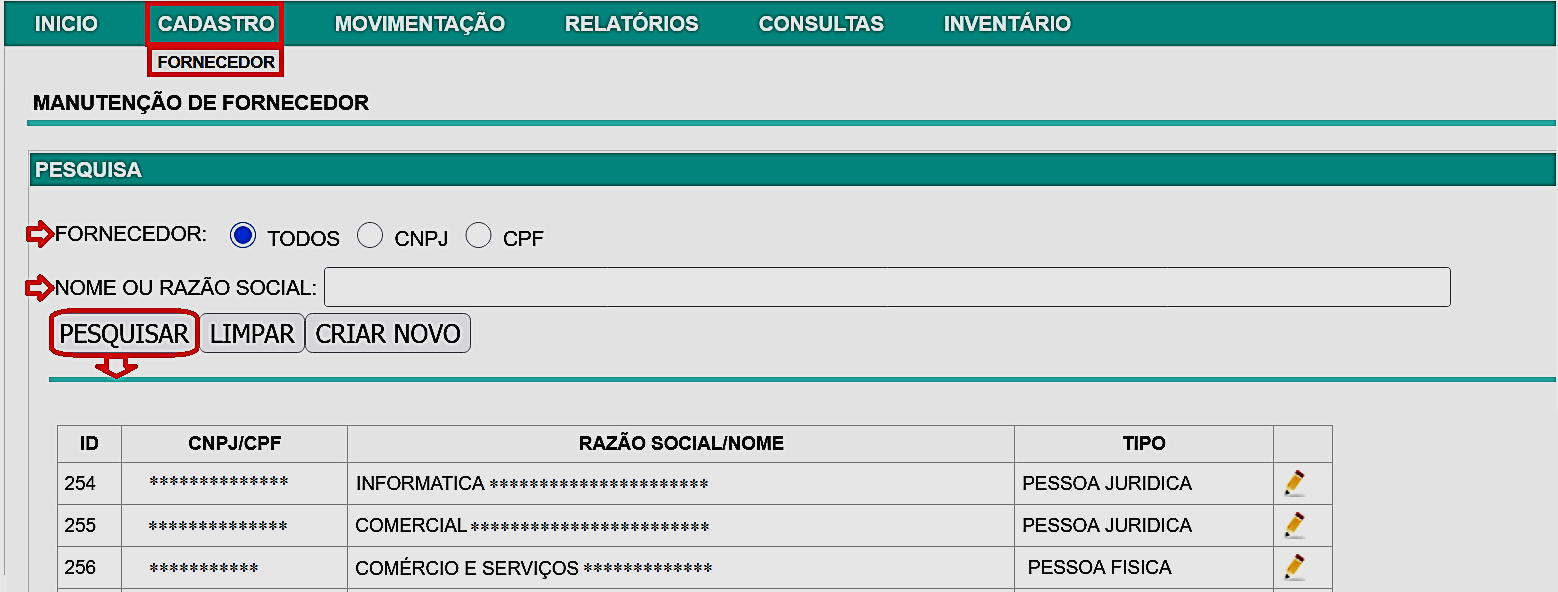 Fig. 11 – Consulta de fornecedores cadastrados