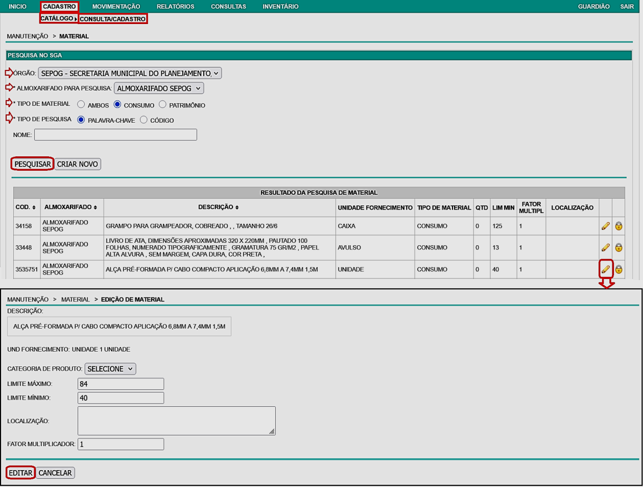 Fig. 13 – Tela de consulta/edição de itens do almoxarifado