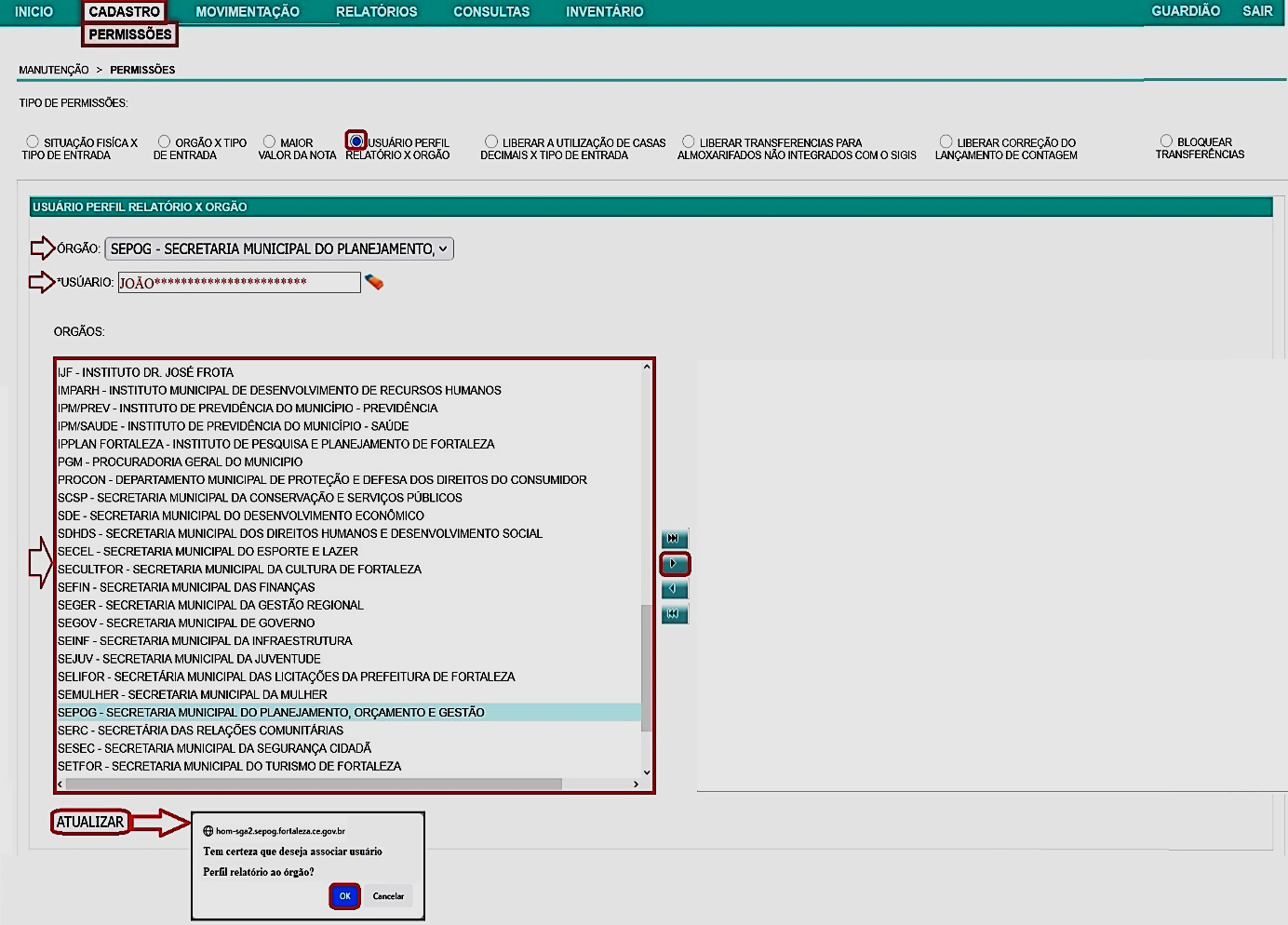Fig. 24 – Liberação de acesso a relatórios por órgão