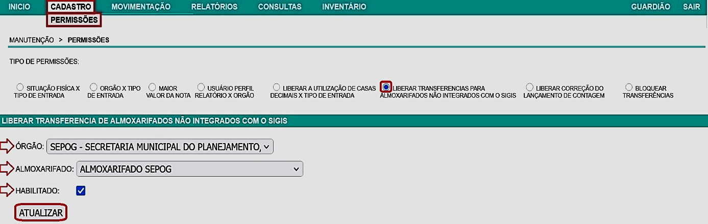 Fig. 27 – liberação de transferência para almoxarifado não integrado ao SIGIS