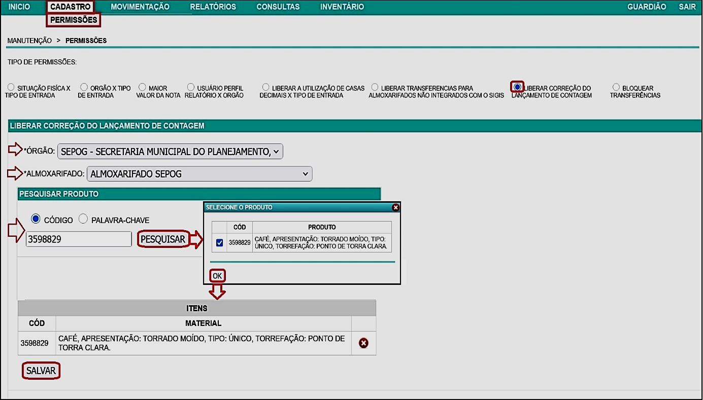 Fig. 28 – Liberação de correção de lançamento de contagem