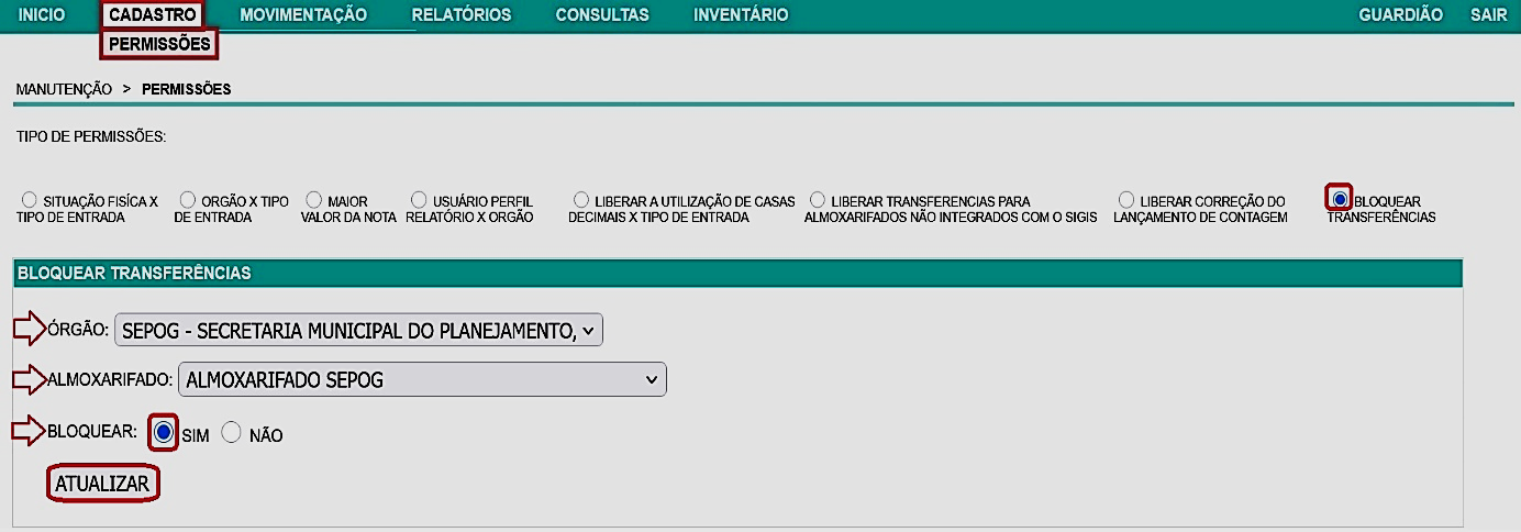 Fig. 29 – Bloqueio de transferências por almoxarifado específico