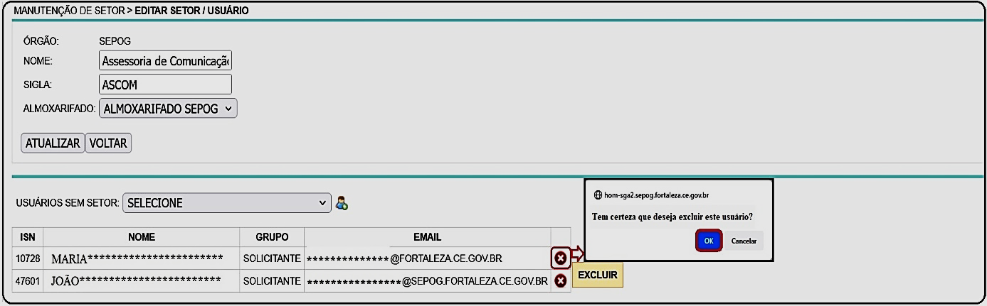 Fig. 34 – Exclusão de usuário de um setor