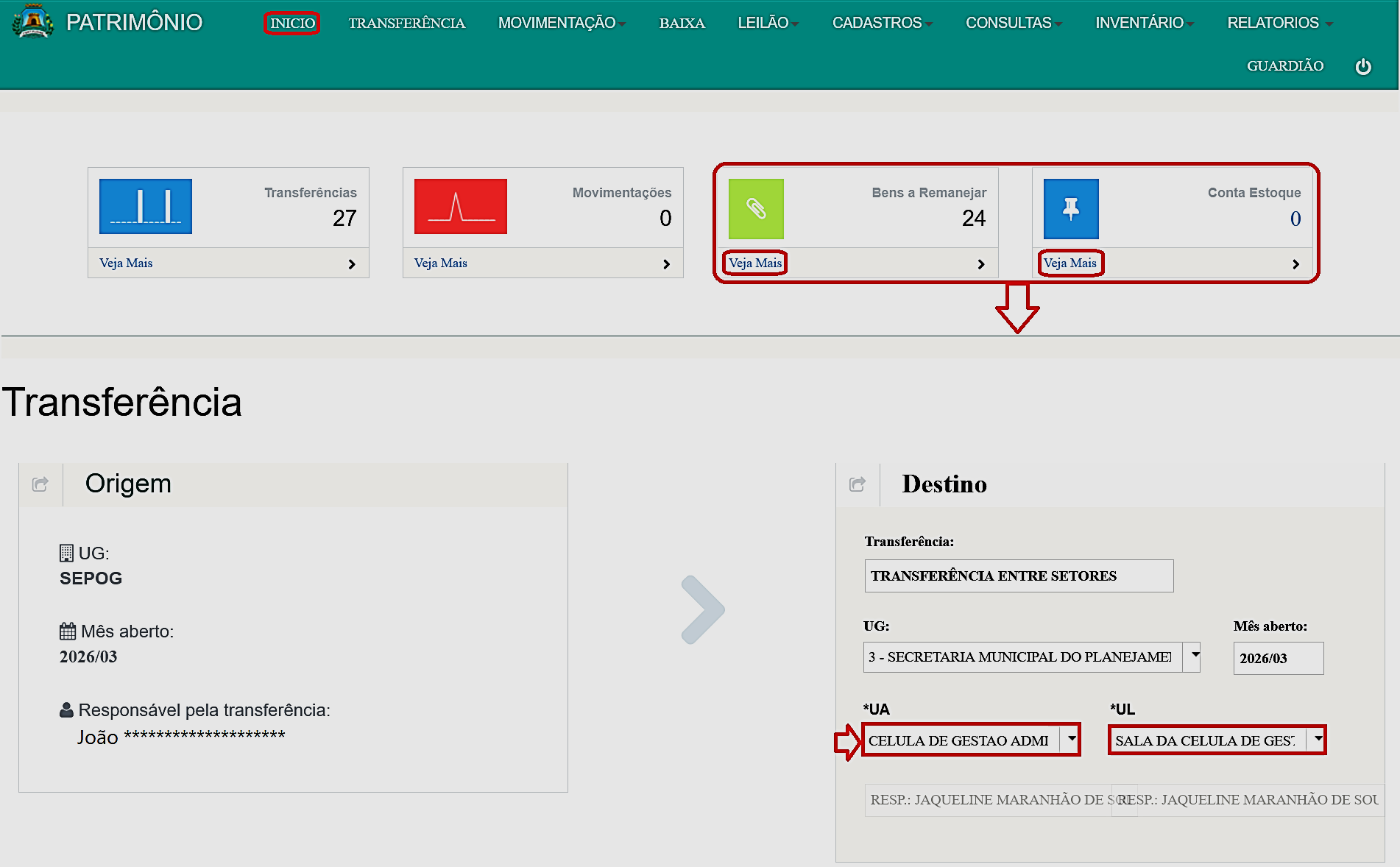 Fig. 4 – Tela de transferência de bens a remanejar e da conta estoque