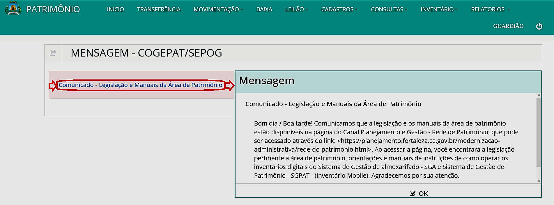 Fig. 5 – Canal de mensagens emitidas pela SEPOG/COGEPAT