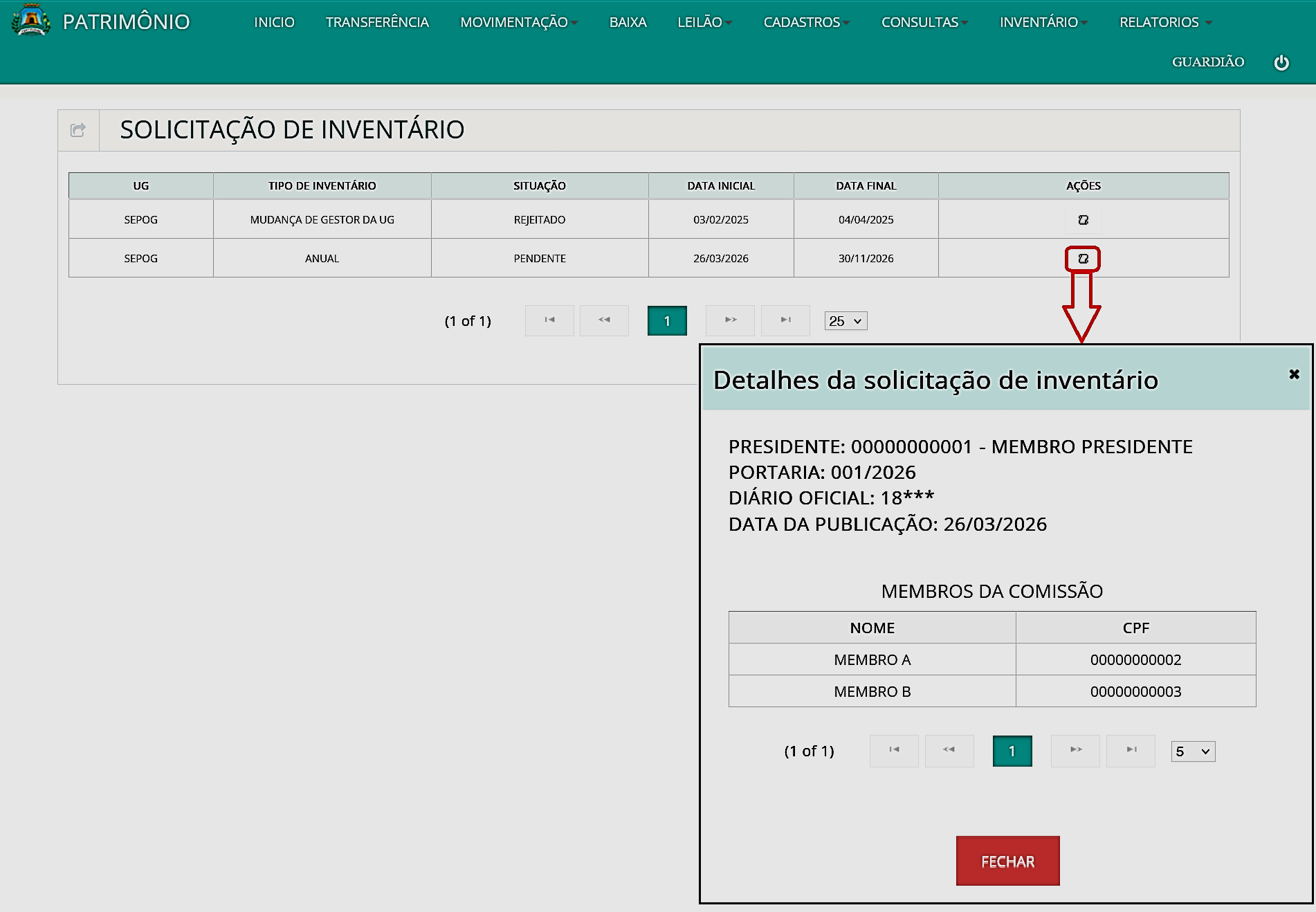 Fig. 6 – Painel de solicitação de inventário