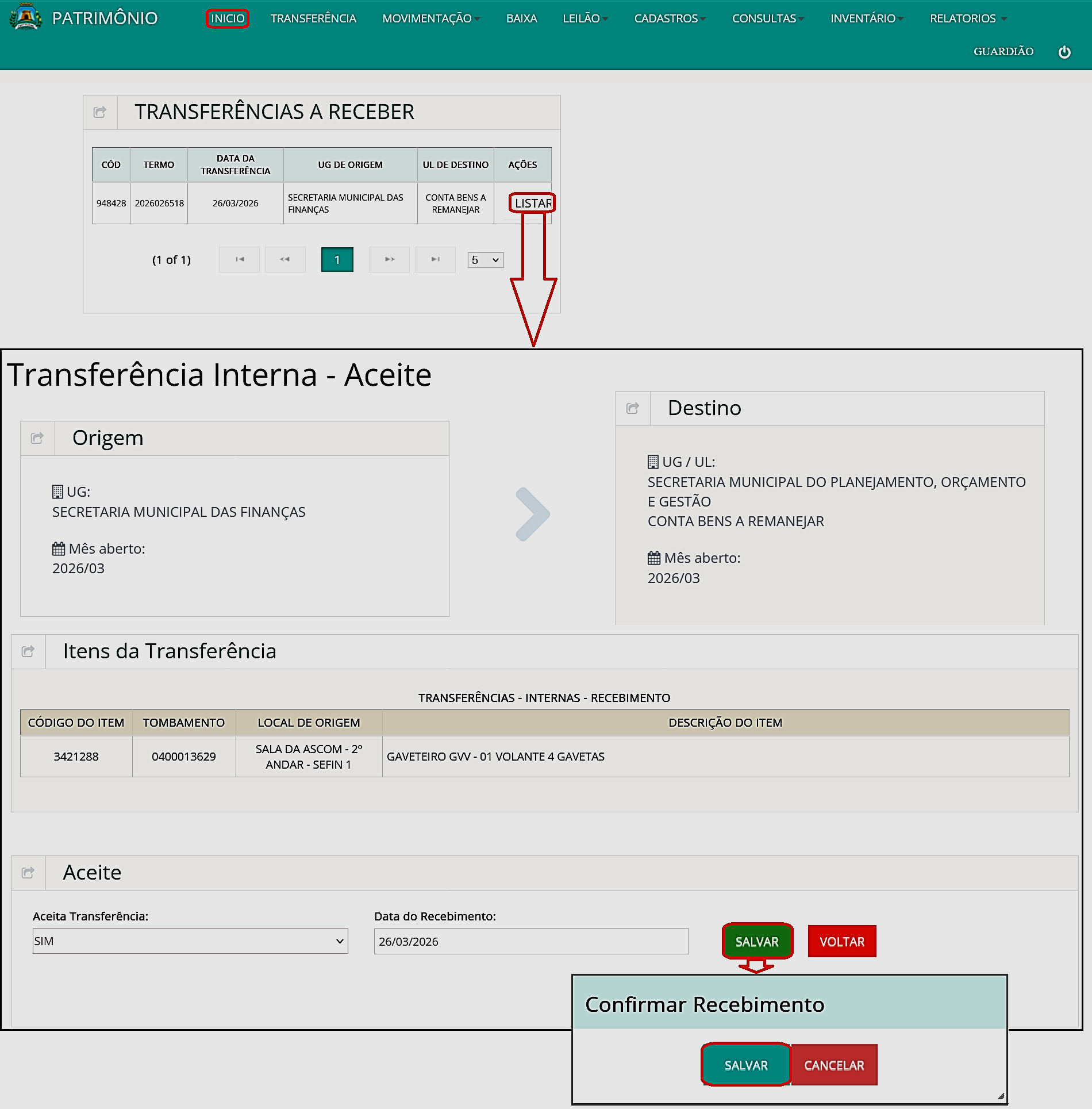 Fig. 7 – Painel de transferências a receber