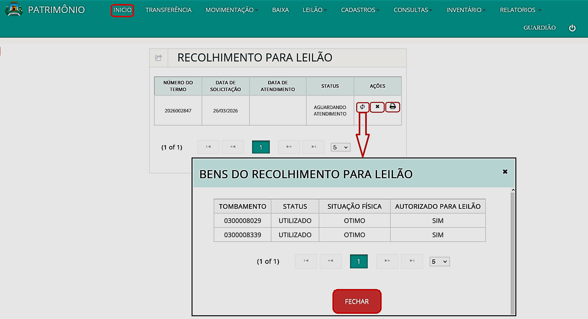 Fig. 8 – Painel de recolhimento para leilão
