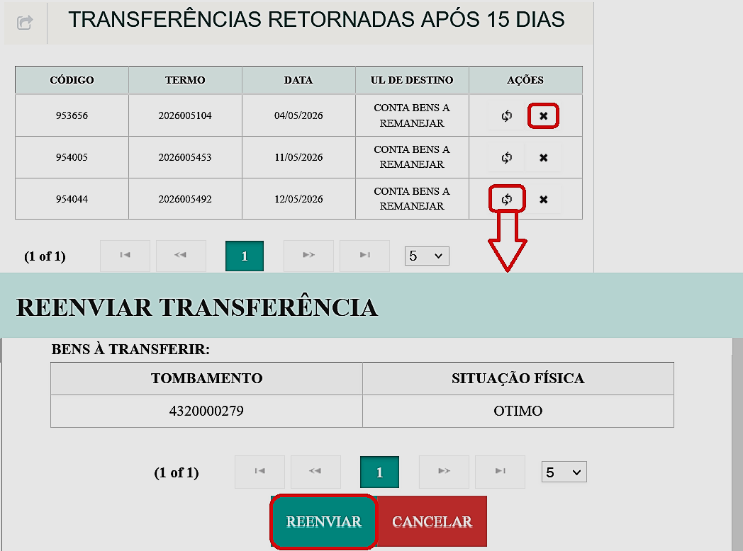 Fig. 9 – Painel de transferências retornadas após 15 dias