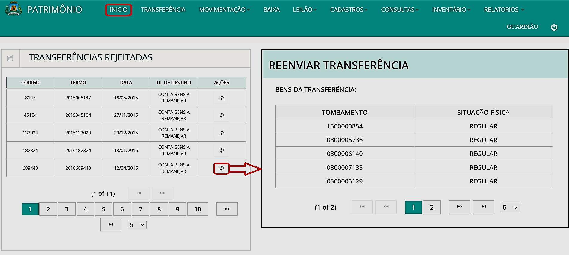 Fig. 10 – Painel de transferências rejeitadas