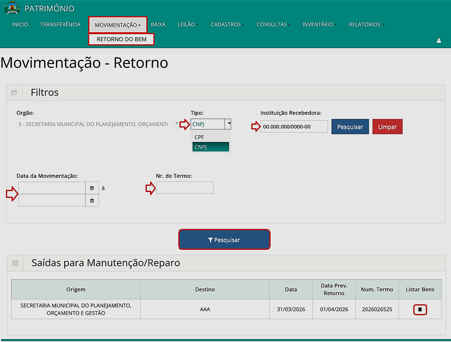 Fig. 16 – Tela de retorno de bem