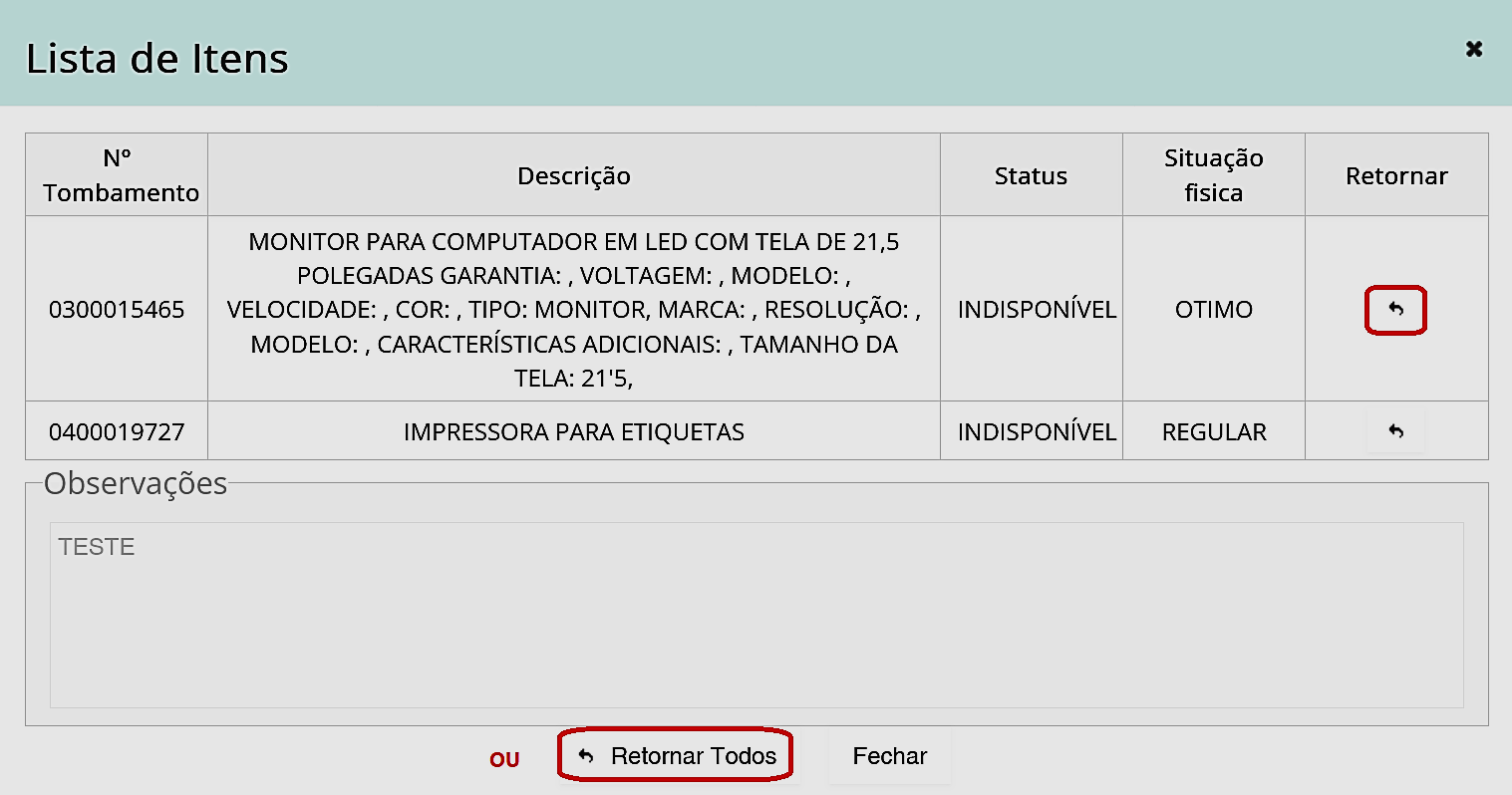 Fig. 16.1 – Contin. Lista de bens a retornar