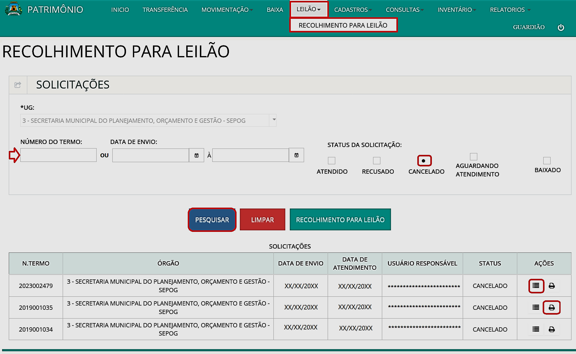 Fig. 18 – Consulta de solicitações de recolhimento para leilão