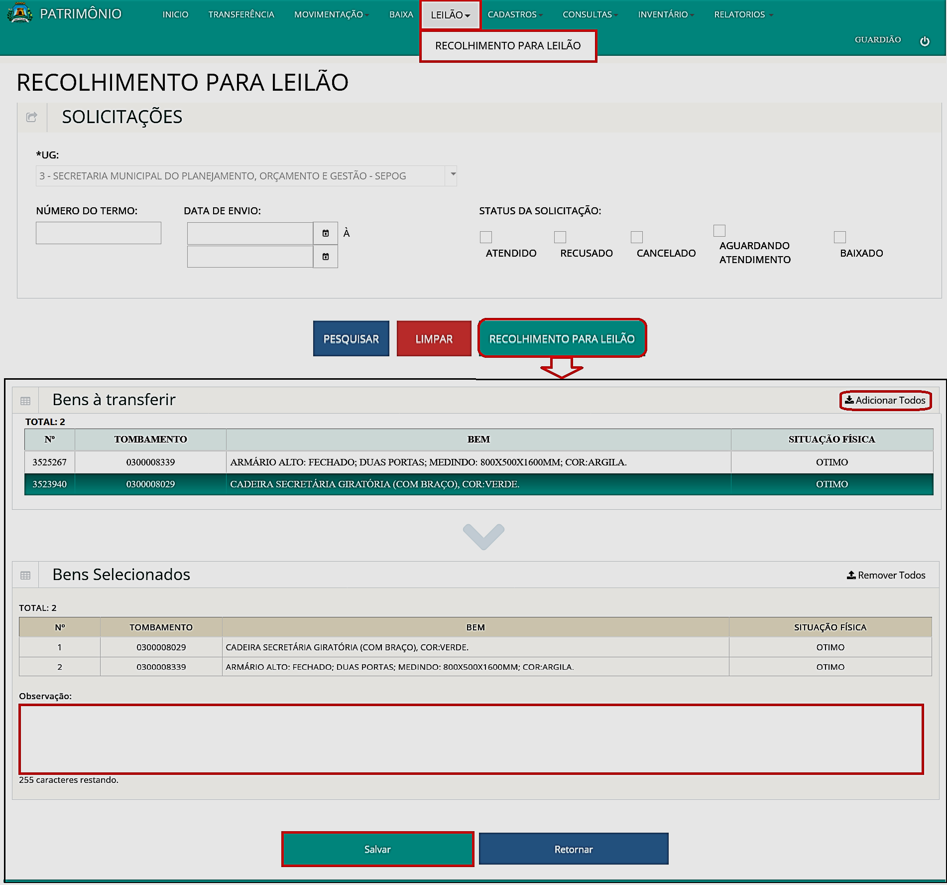 Fig. 19 – Recolhimento de bens para leilão