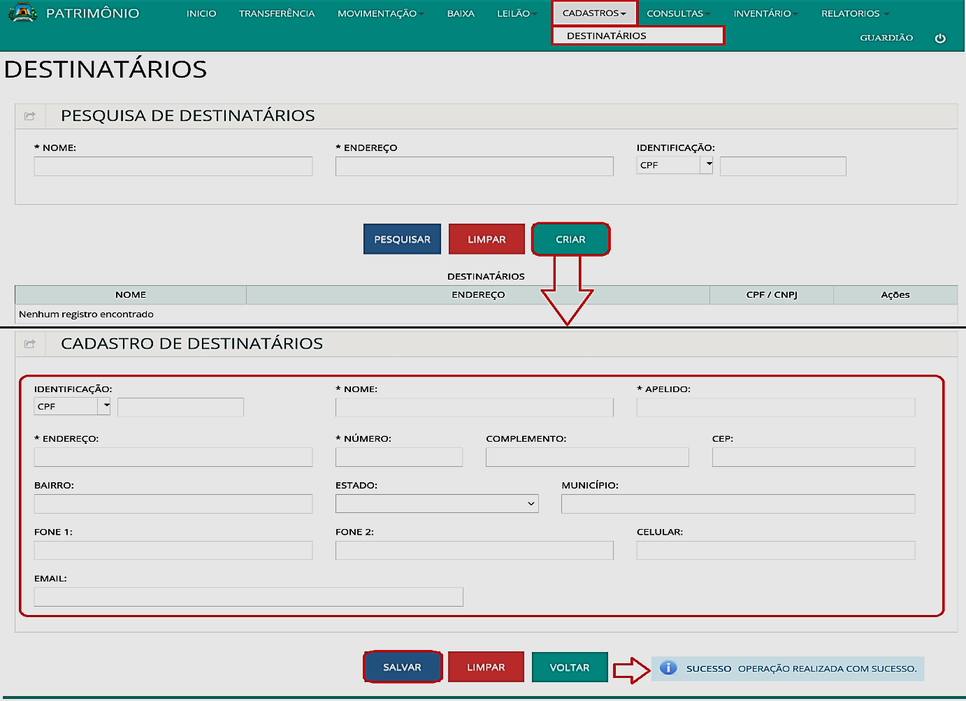 Fig. 20 – Cadastro de destinatários/prestador de serviço