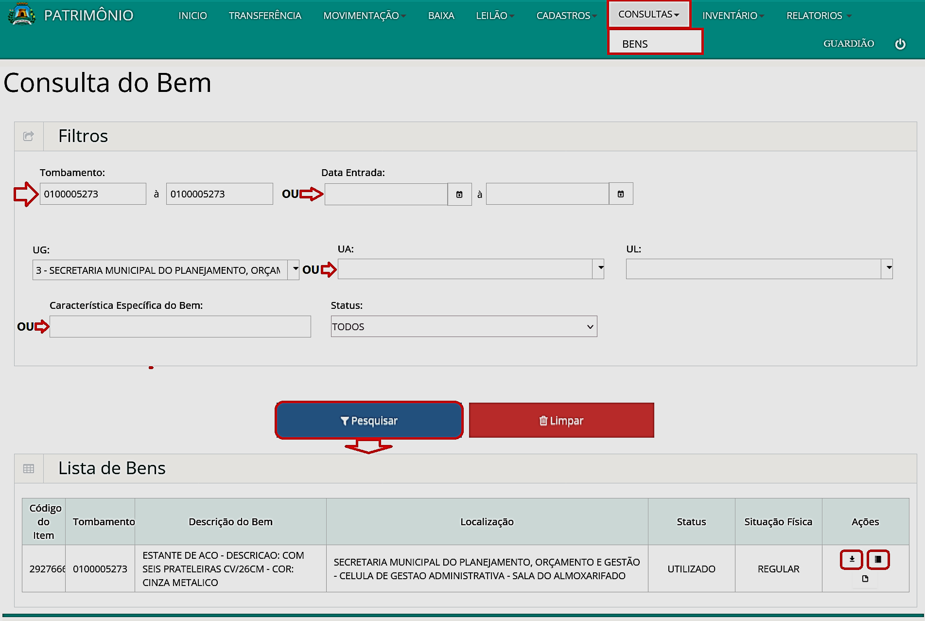 Fig. 25 – Consulta de histórico de movimentação de bens