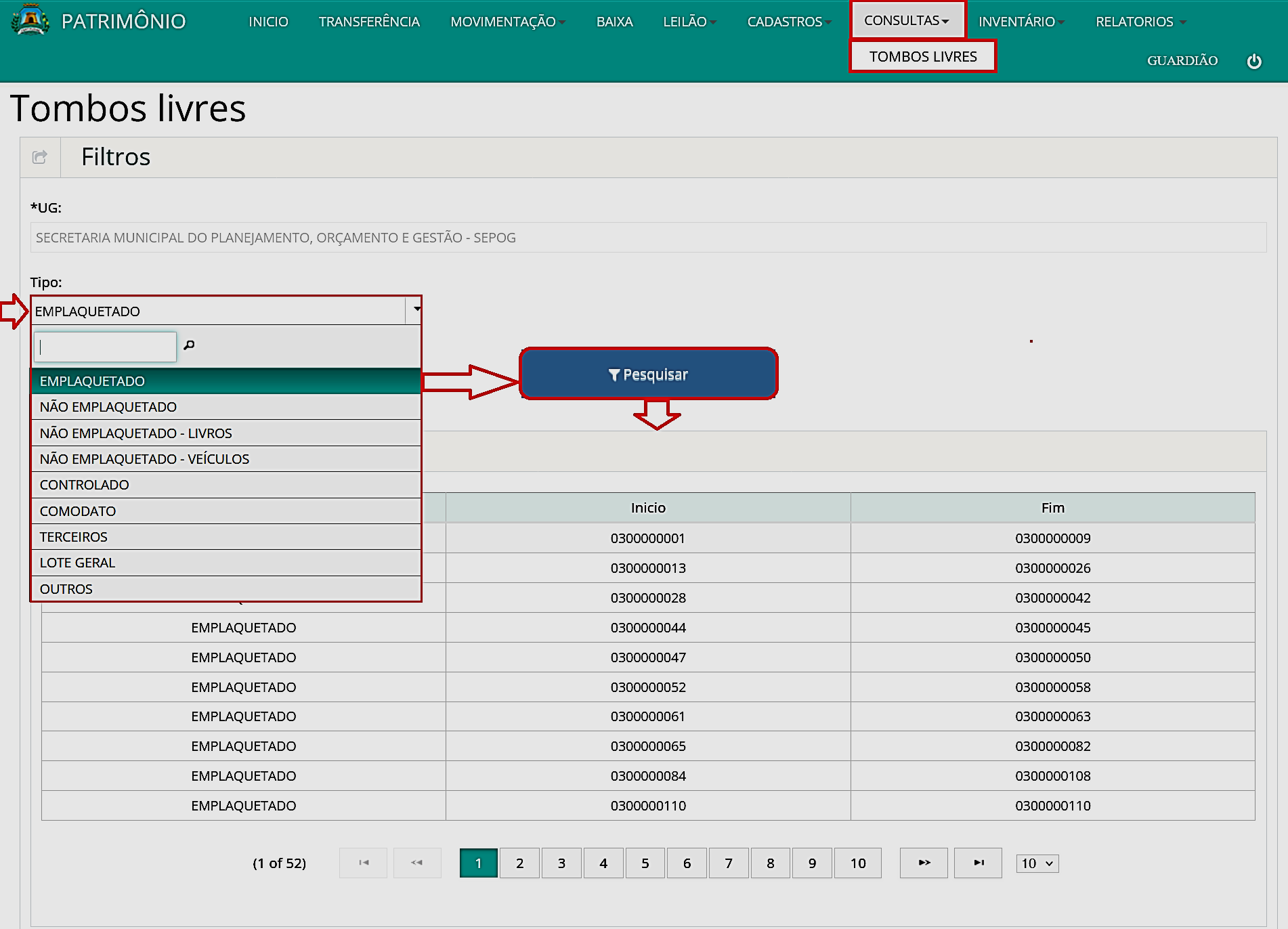 Fig. 28 – Consulta de faixas de tombamento disponíveis