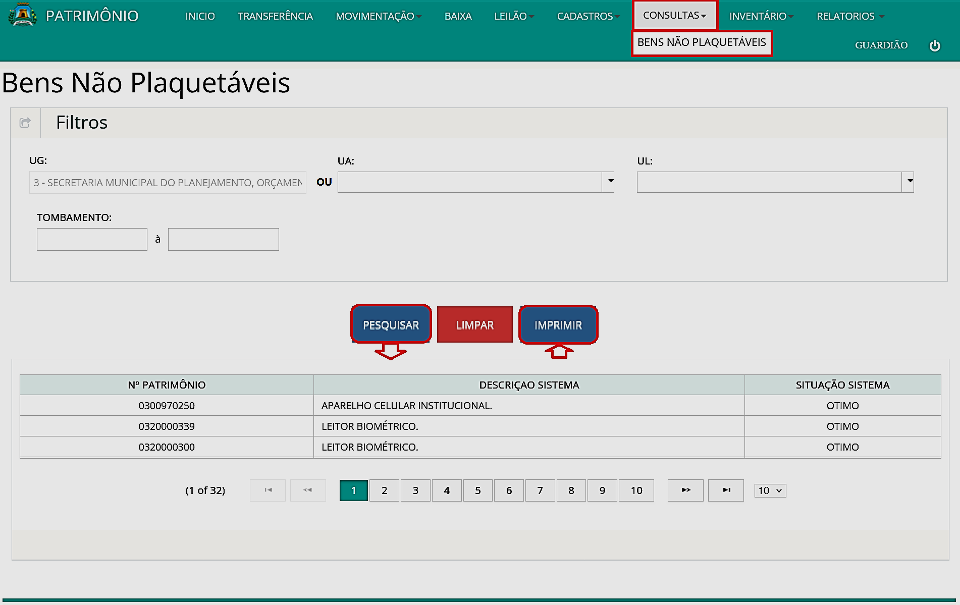 Fig. 29 – Consulta de bens não plaquetáveis (tombamento virtual)