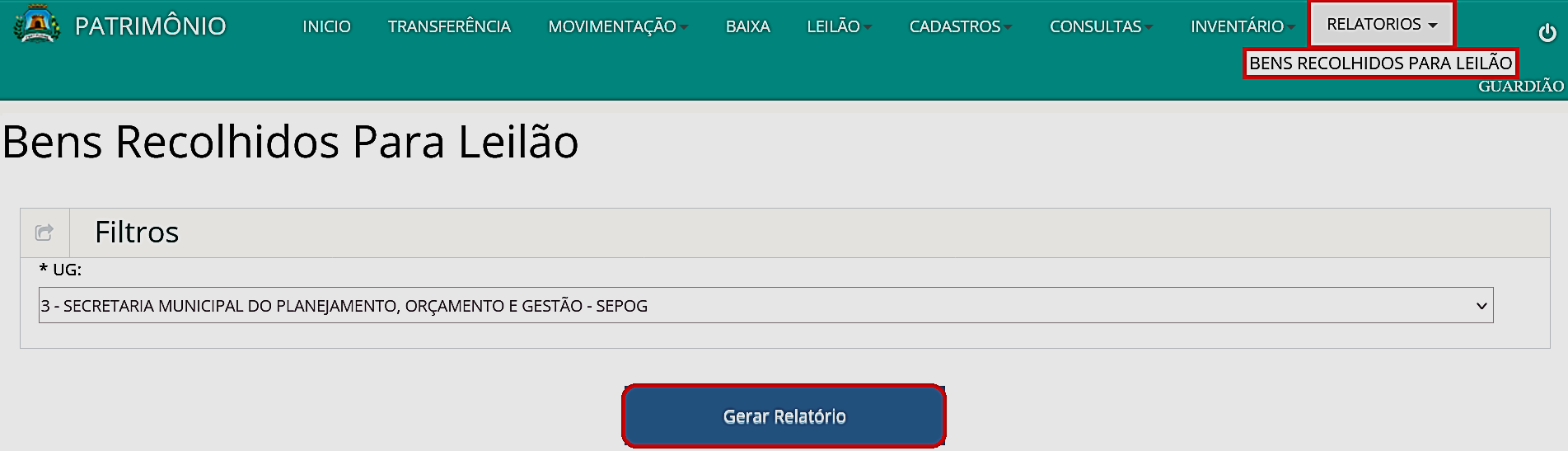 Fig. 31 – Tela do relatório de bens recolhidos para leilão