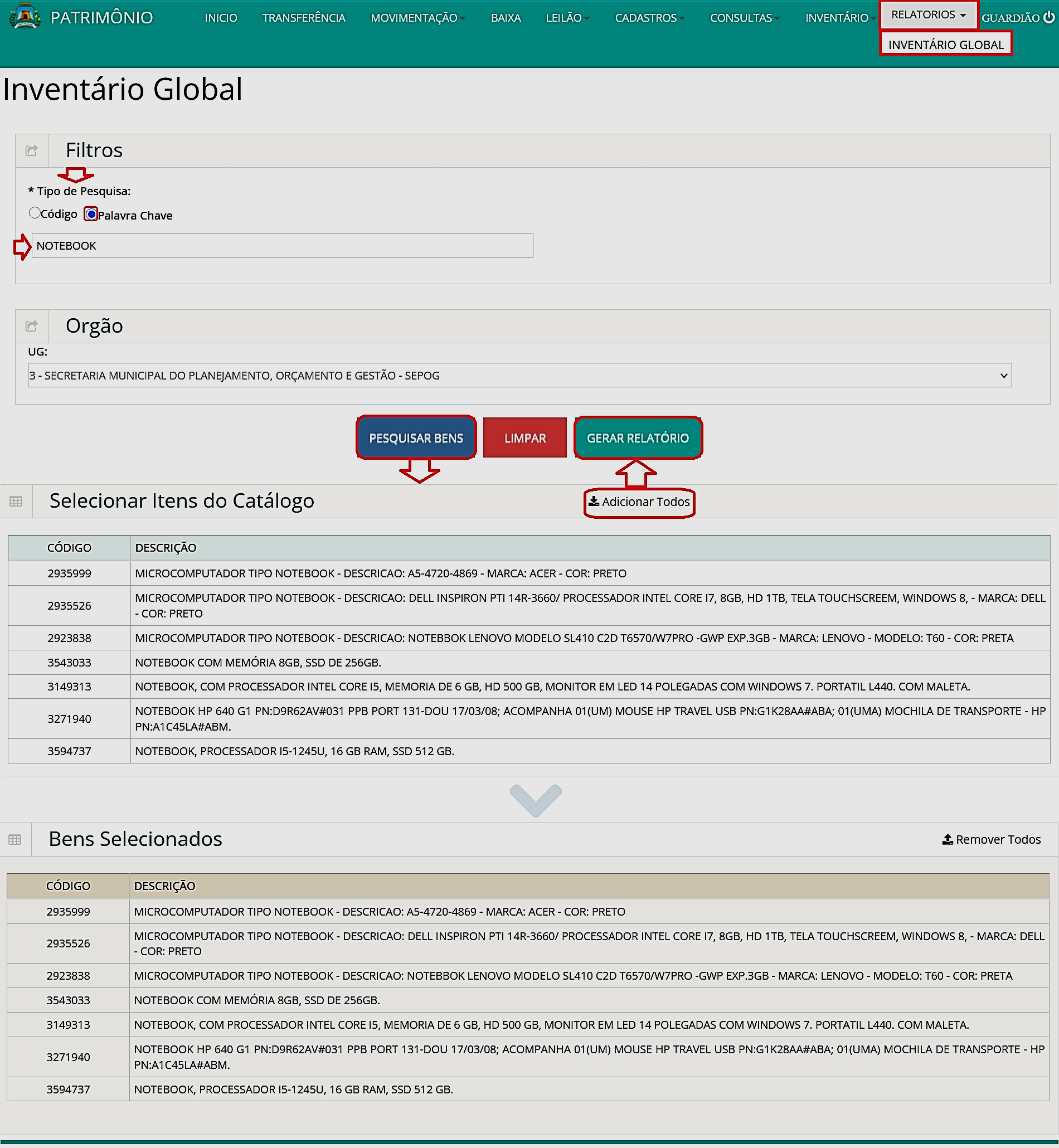 Fig. 35 – Tela do relatório de inventário global