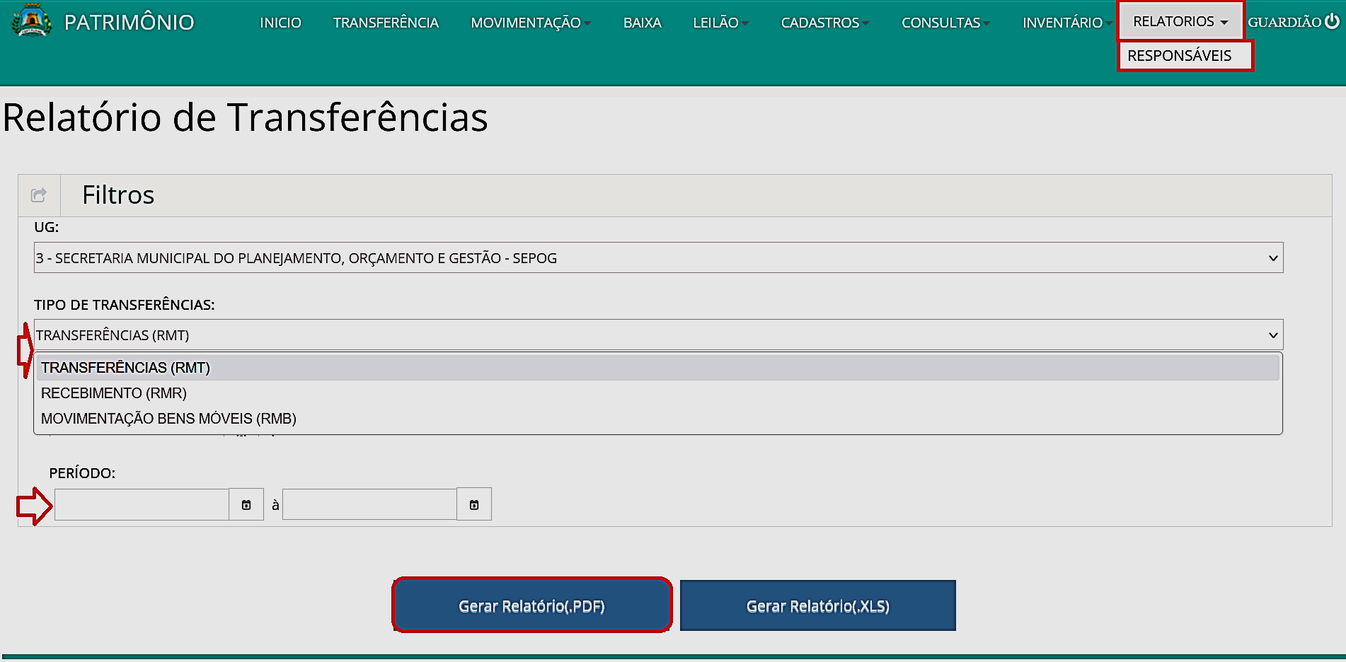 Fig. 37 – Tela do relatório de transferências