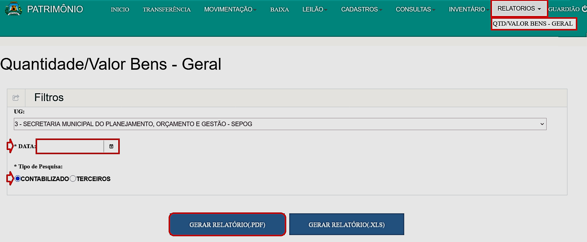 Fig. 38 – Tela do relatório quantidade/valor bens – geral