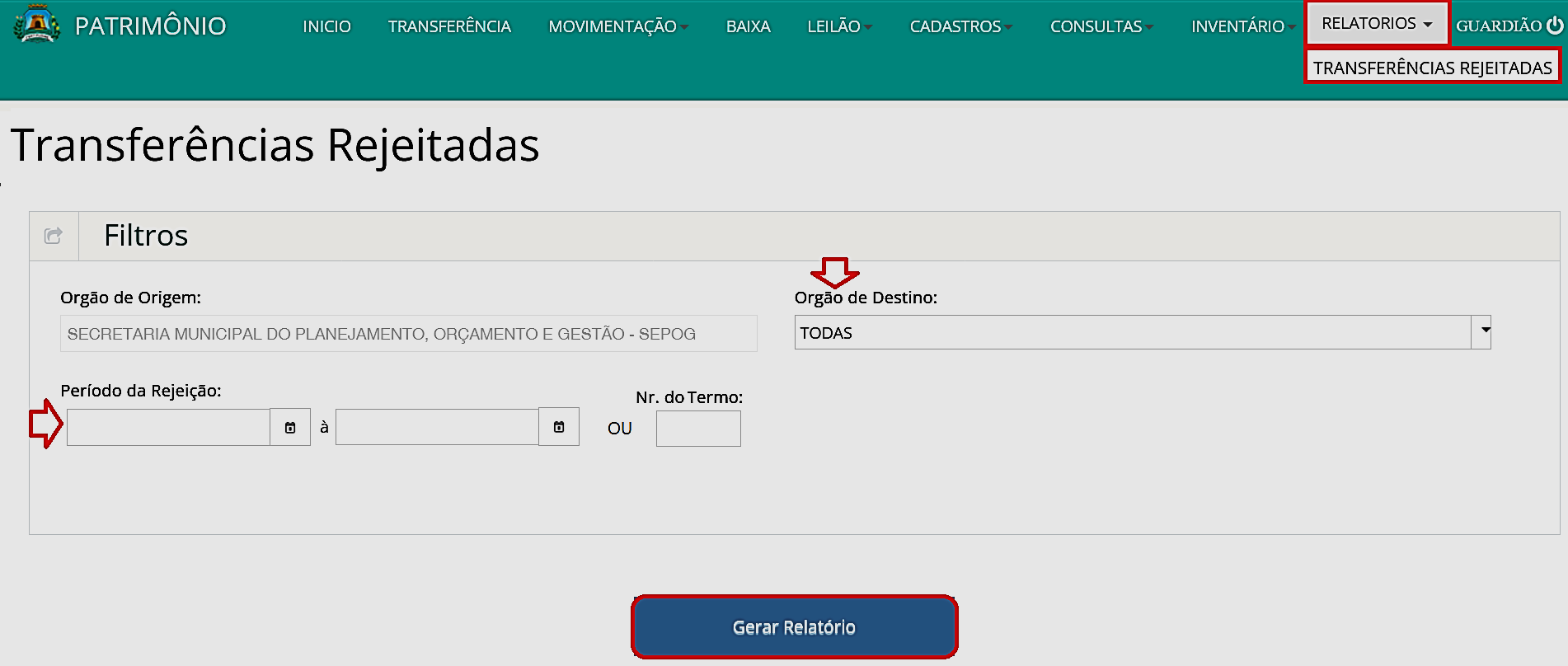 Fig. 39 – Tela do relatório de transferências rejeitadas