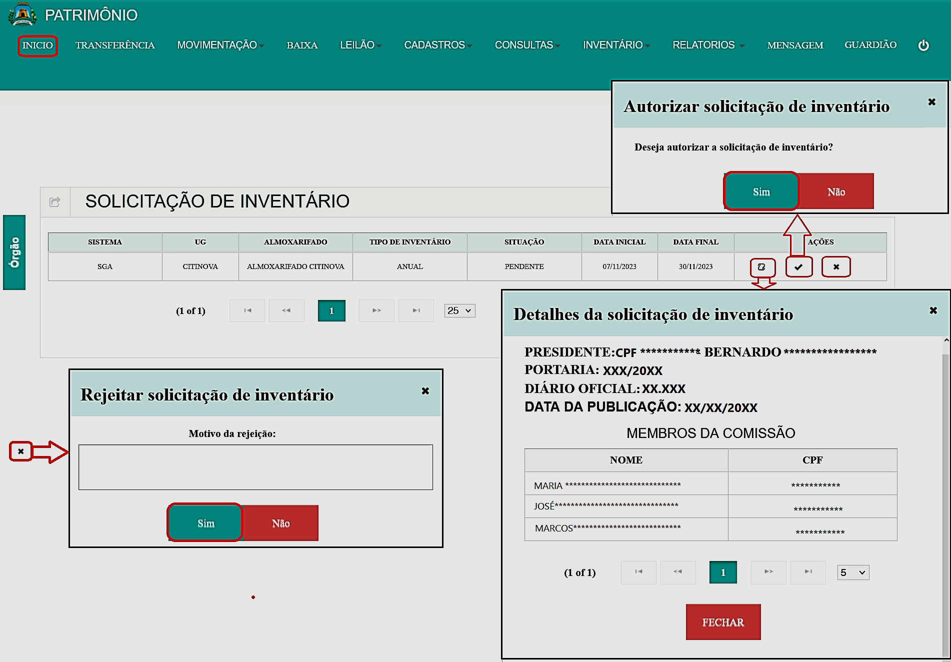 Fig. 44 – Análise e autorização de solicitação de inventário