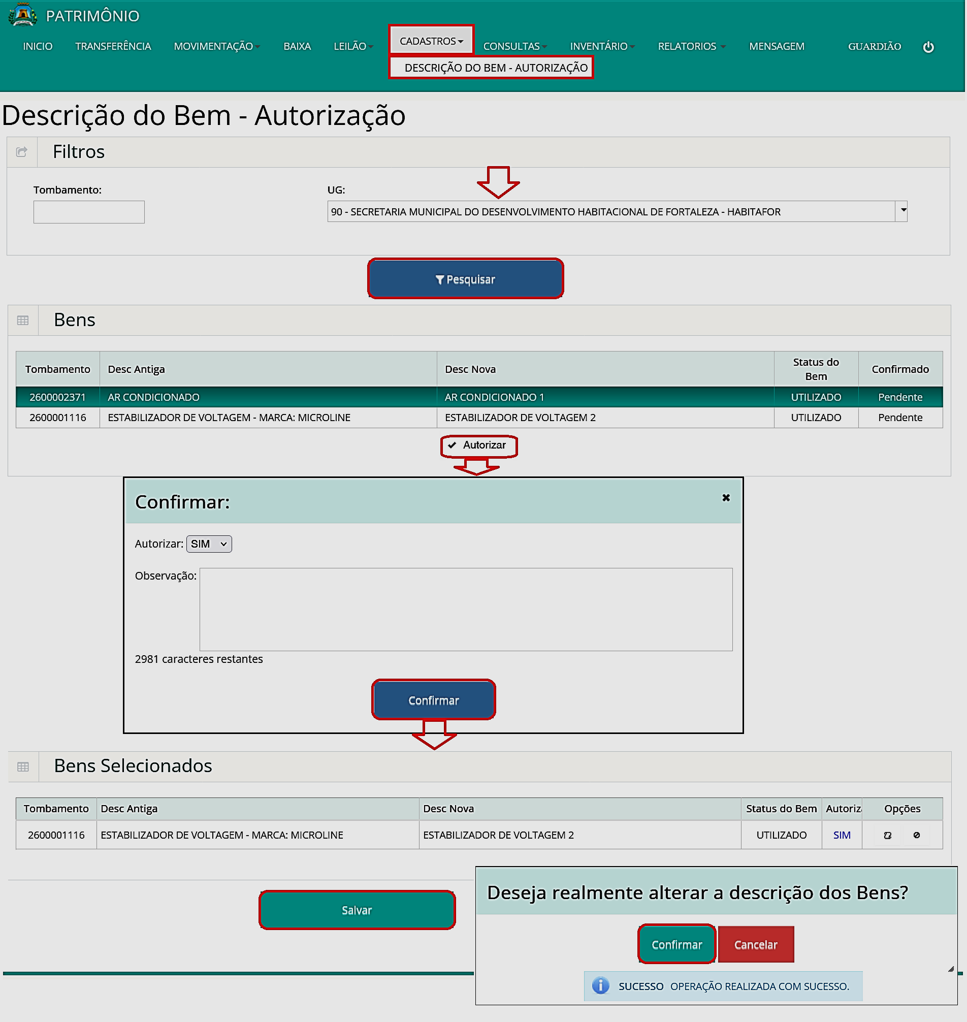 Fig. 49 – Tela de autorização de alteração de descrição de bem