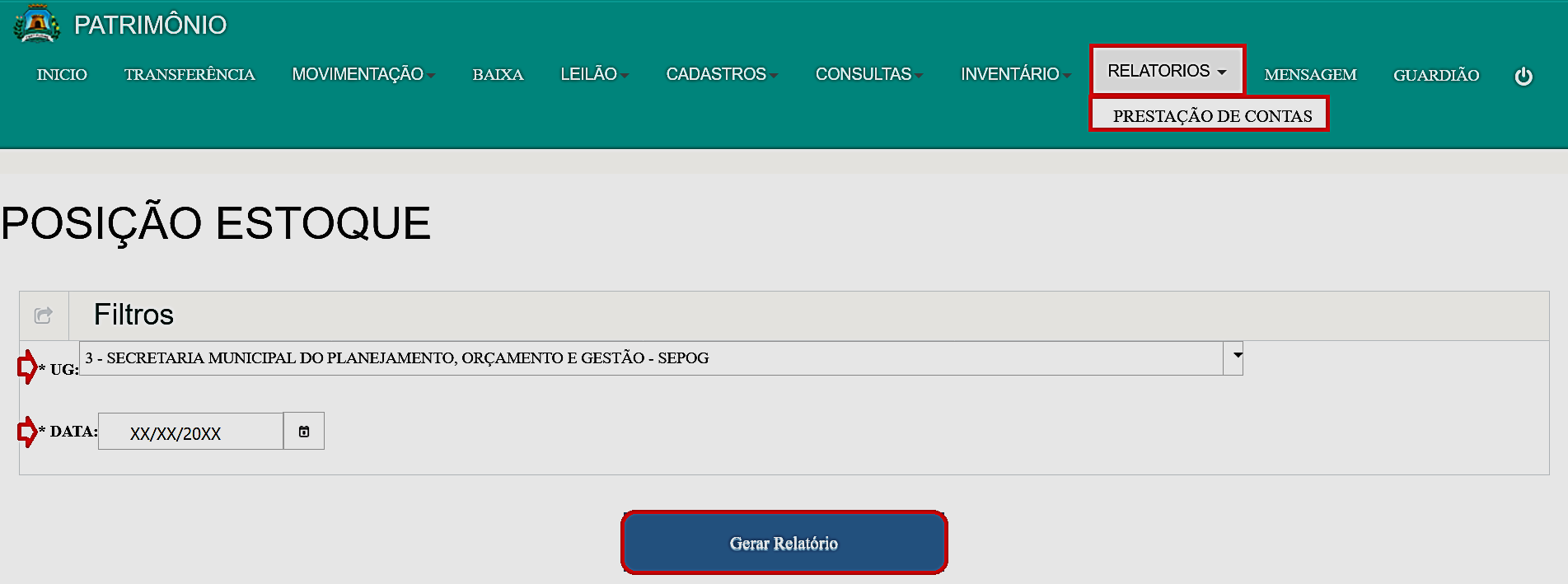 Fig. 55 – Tela do relatório posição de estoque por data