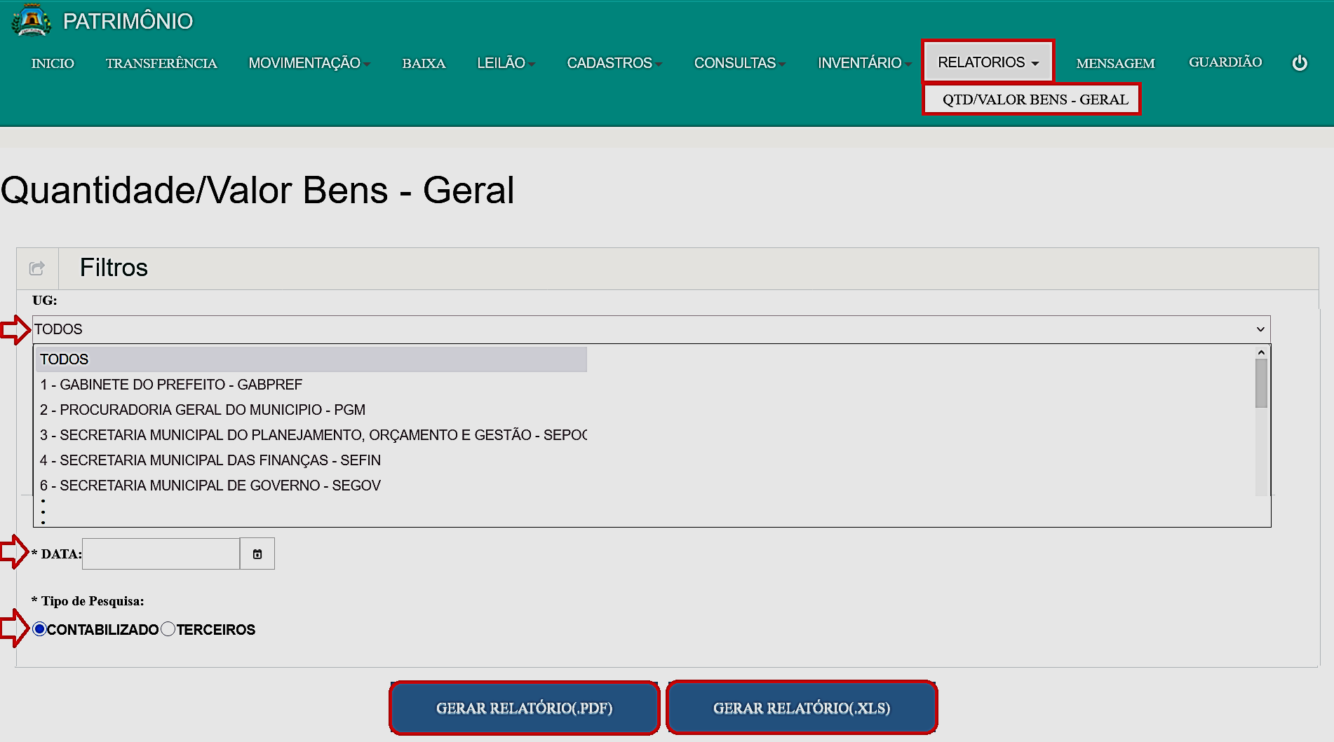 Fig. 56 – Tela do relatório quantidade/valor bens – geral