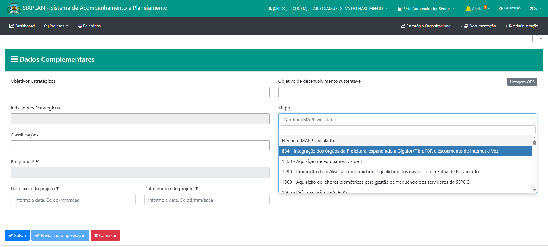Como cadastrar um projeto? Dados complementares com campo MAPP.